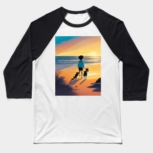 child playing with a dog on the beach. Baseball T-Shirt